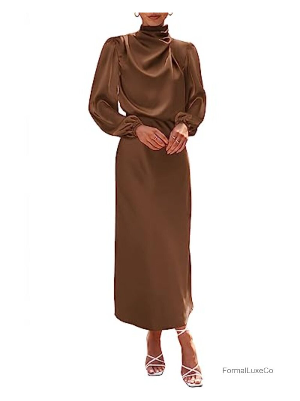 Satin Maxi Dress Mock Neck Long Sleeve Formal Cocktail Wedding Guest